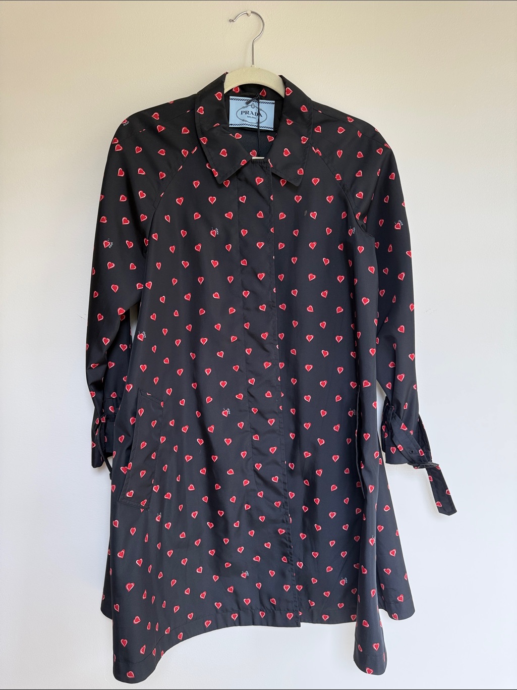 Prada Black Long-Sleeve Shirt Dress With Red Heart Print
